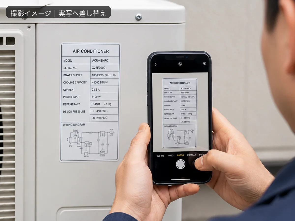 エアコンの型番ラベルの撮影方法イメージ