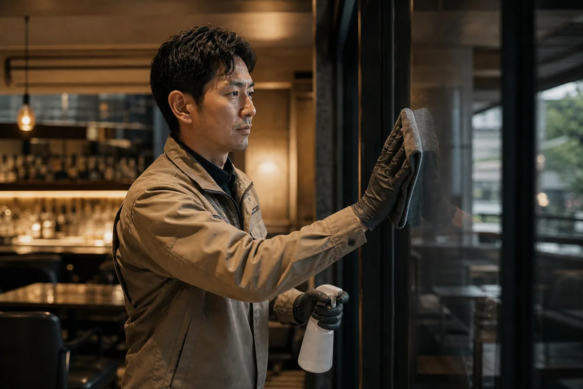 バー店内で清掃する人物の撮影イメージ